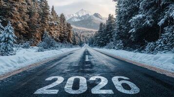 A picturesque road through a snow-covered forest, leading toward the mountains, displays the year 2026. photo
