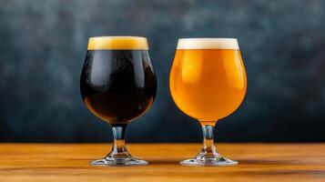 Delicious craft beer in glasses on a wooden table with different types of ale. photo
