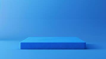 A vibrant blue stage provides a clean and minimalist backdrop for product displays and presentations. photo
