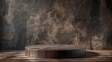A textured, wooden stage stands beneath a dark brown wall, providing an inviting space for display. photo