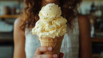 A woman's hand holds a fresh ice cream cone, a perfect summer treat, up close and personal. photo