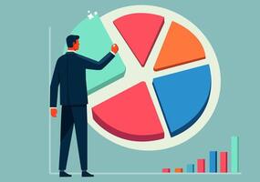 A man in a suit extracts his share from a pie chart. vector