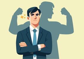 A man in a suit stands confidently, his shadow is that of a strong man vector