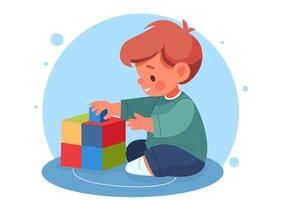 A boy is playing with toy blocks. vector