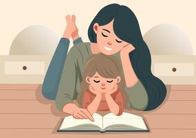 The mother is lying down reading a book with her daughter. The atmosphere is warm. vector