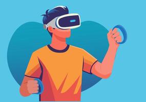 A young man is playing a game wearing VR glasses and holding a controller in both hands. vector