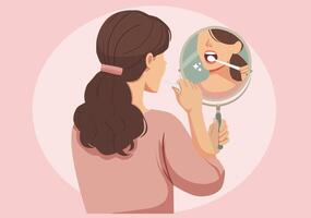 A woman uses a small mirror to look at her teeth, reflecting on a large mirror. vector