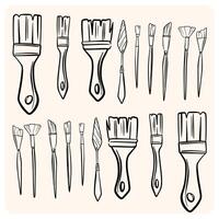 Simple Line Art Icon Set of Painting Brushes and Palette Knife with background cream vector