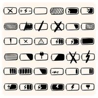 Extensive Hand-Drawn Battery Level Indicators and Status Icons Set with background cream vector