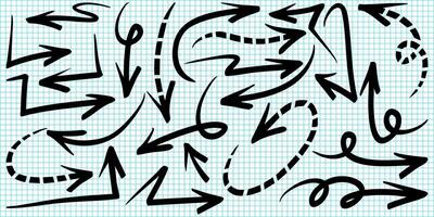 set of hand drawn doodle arrows in various styles on a blue grid paper background. Includes curved, zigzag, spiral, and dashed arrows ideal for presentations, infographics, notes, planning. vector