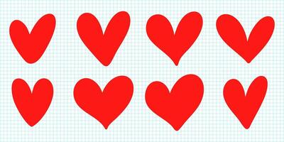 Set of Red Hand Drawn Hearts on Grid Paper background. vector