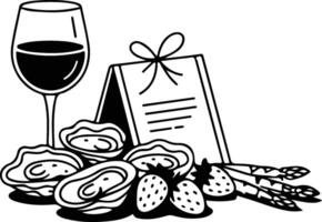 Wine Glass, Oysters, Asparagus, and Strawberries with Tied Menu Outline vector