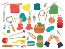 Knitting set. Yarn and thread, a skein of wool, knitting needles, a basket for yarn, a set for weaving wool, scissors. A set of knitting tools and materials vector