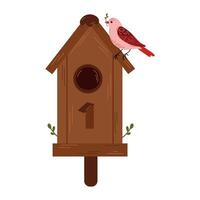 Isolated illustration of a birdhouse with a cute bird and budding flowers on a white background, whimsical and inviting, symbolizing spring. vector