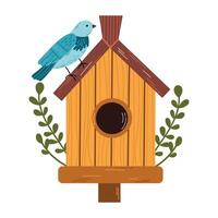 Birdhouse with a bird . Isolated illustration of a birdhouse with a cute bird and budding flowers on a white background, whimsical and inviting, symbolizing spring. vector