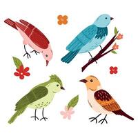 Spring birds small set. Different beautiful birdie with flowers and branch. The birds are arranged in a row, with some of them facing left and others facing right. vector