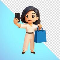 Woman taking selfie while holding shopping bag, 3d, suitable for social media and business vector