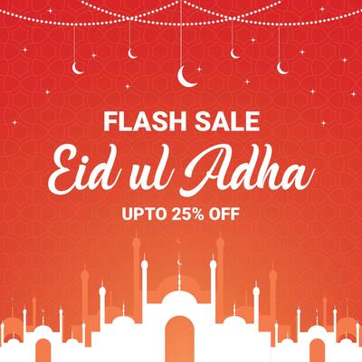 Eid Ul Adha Flash Sale Promotional Banner With Crescent Moons, Decorative Lights, White Mosque Silhouette, Bright Orange Gradient Background And Bold Discount Offer for Social Media Post.