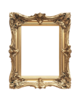 Decorative golden picture frame with intricate design and empty center for artwork display png