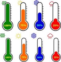 Set of Colorful Thermometer Icons Showing Temperature Levels, Weather Conditions vector