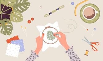 Embroidery process. Workshop, needlework and knitting. Female hands with needle and thread. Top view of the workplace. Tailor shop elements. Hand drawn illustration in flat style vector