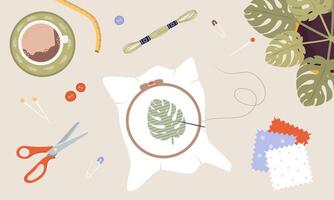 Embroidery process. Workshop, needlework and knitting. Needle and thread. Top view of the workplace. Tailor shop elements. Hand drawn illustration in flat cartoon style vector