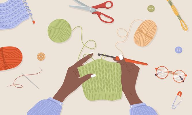 Crochet knitting process. African female hands with hook and thread. Balls of yarn. Top view of the workplace. Tailor shop elements. Hand drawn illustration in flat cartoon style