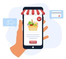 Online food order. The product catalog on the web browser page. Shopping boxes. Stay at home. Quarantine or self-isolation. Modern illustration in flat style. vector