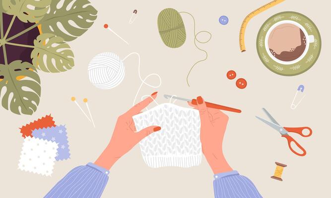 Crochet knitting process. Female hands with hook and thread. Balls of yarn. Top view of the workplace. Tailor shop elements. Hand drawn illustration in flat cartoon style