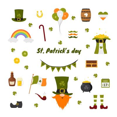 St. Patrick day collection. Cute festive elements. illustration in flat cartoon style. Hand drawn icons for irish holiday