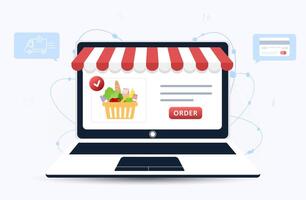 Online food order. Grocery delivery. The product catalog on the web browser page. Shopping boxes. Quarantine or self-isolation. Modern illustration in flat style. vector