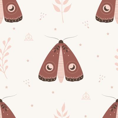 Seamless pattern with boho moth. Insect with celestial elements. magic symbol for textile, fabric, prints. Abstract hand drawn illustration in bohemian style