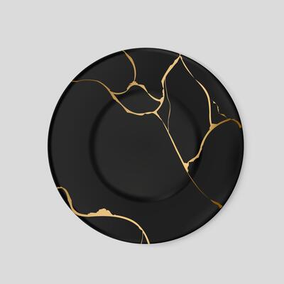 Black plate with gold kintsugi. Crack and broken effects. Restoration of broken ceramic. Marble texture. Modern illustration. Japanese art of repair. Home decoration element