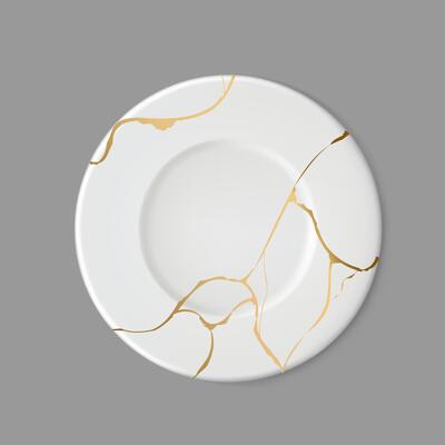 Plate with gold kintsugi on gray background. Crack and broken effects. Marble texture. Luxury design for wall art, wallpaper, wedding card, social media. Modern illustration