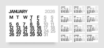 Monthly calendar layout for 2026 year. Minimalistic Diary for 2026 year. Week Starts on Monday. vector