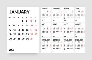 Monthly calendar layout for 2026 year.Vertical diary planner for 2026 year. Week Starts on Monday. vector