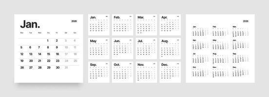 Monthly calendar layout for 2026 year. Planner Square diary for 2026 year. Week Starts on Monday. vector