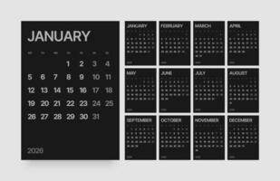 Monthly calendar layout for 2026 year.Vertical diary planner for 2026 year in dark color. Week Starts on Monday. vector