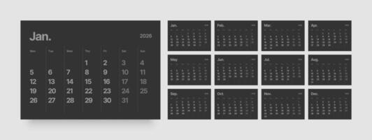 Monthly calendar layout for 2026 year. Diary planner for 2026 year in dark color. Week Starts on Monday. vector