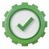 Green checkmark symbol within a gear shape representing completion and approval in a digital context png