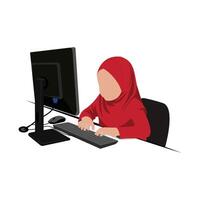 Woman in hijab working on a computer vector