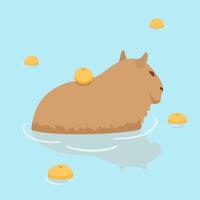 Cute Capybara design. Capybara in Japanese Onsen hot spring. Capybara and oranges. Flat funny illustration. vector