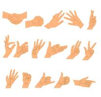 Different hand gestures isolated on white background. flat illustration of female hands in various situations vector