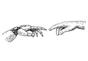 Robotic hand touching a human hand. Robot and Human hands touching with fingers. Concept of technology and artificial intelligence. Robotics vector