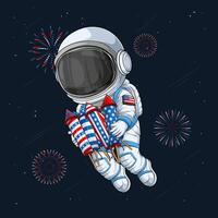 Hand drawn astronaut in space suit, enjoying 4th of July, holding fire crackers, independence day celebration in outer space vector