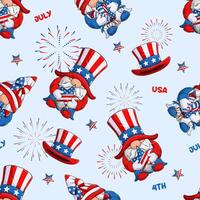 Hand drawn seamless pattern of cute gnome in 4th of July disguise, holding a star in American flag pattern with fireworks and stars vector
