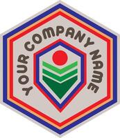 Hexagon logo with a shield symbol in the middle, featuring a red circle element and a green chevron pattern that symbolizes passion vector