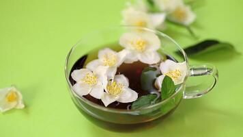 Fragrant jasmine tea in a glass container on a green background video