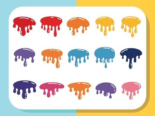 Fifteen Colorful Dripping Blob Shapes in a Palette of Red Orange Yellow Purple Blue and Pink