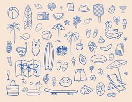 Summer themed hand-drawn sketch set with beach objects, surfboards, palm trees, swimsuits, fruits, umbrellas, floaties, and travel accessories in a playful blue outline style vector